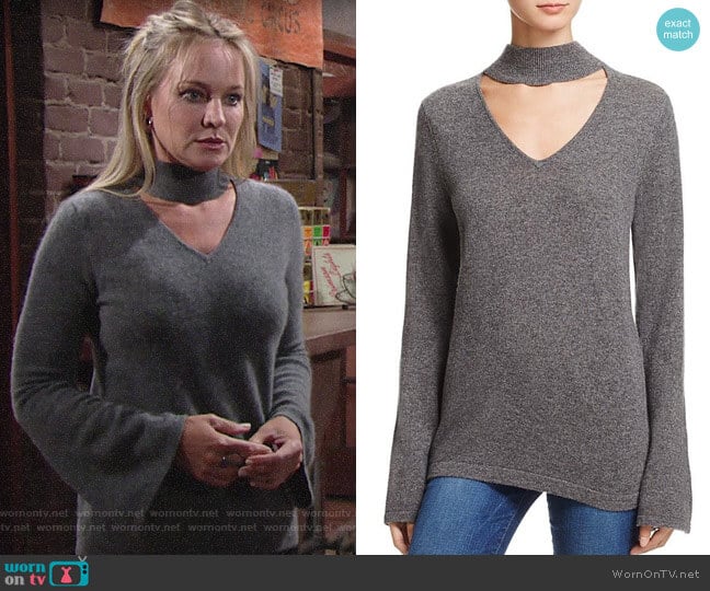 Aqua Cashmere Cutout Bell Sleeve Sweater worn by Sharon Newman (Sharon Case) on The Young and the Restless