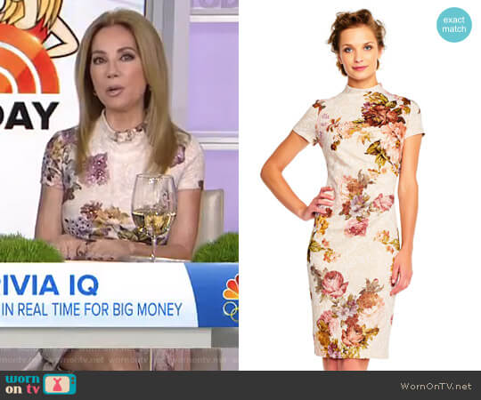 Short Sleeve Floral Print Sheath Dress with Mock Neck by Adrianna Papell worn by Kathie Lee Gifford on Today