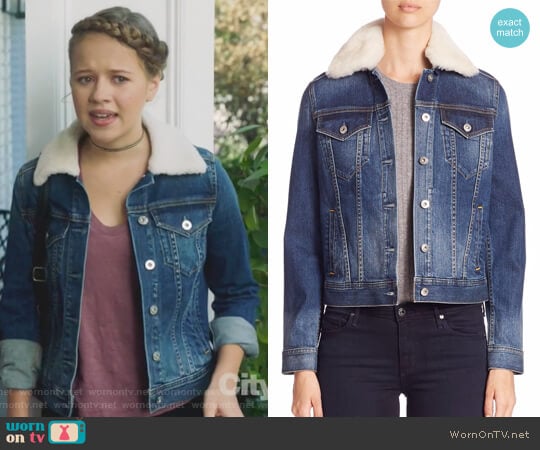 Mya Shearling Collar Denim Jacket by AG Adriano Goldschmied worn by Samantha Hughes (Holly Barrett) on Life in Pieces