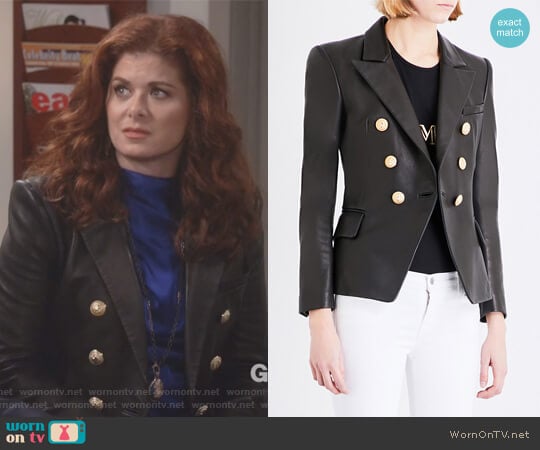 Double-breasted leather suit jacket by Balmain worn by Grace Adler (Debra Messing) on Will and Grace