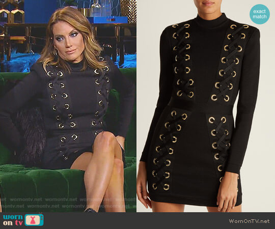 High-Neck Lace-Up Mini Dress by Balmain worn by Cary Deuber on The Real Housewives of Dallas