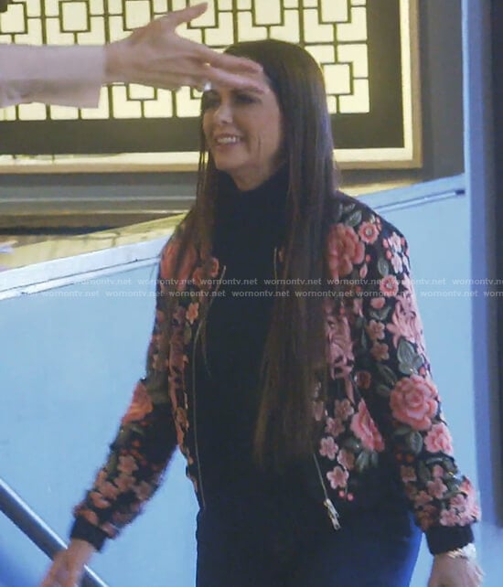 D'Andra's black floral bomber jacket on The Real Housewives of Dallas