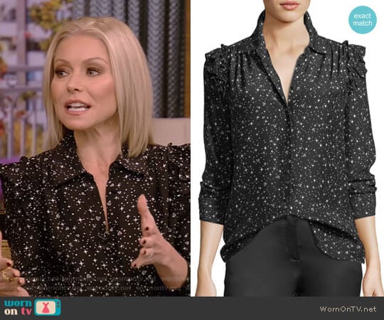 Diamond-Print Ruffle Silk Blouse by Frame worn by Kelly Ripa on Live with Kelly and Mark