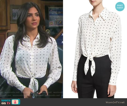 Long-Sleeve Dotted Front-Tie Shirt by Diane von Furstenberg worn by Gabi Hernandez (Camila Banus) on Days of our Lives