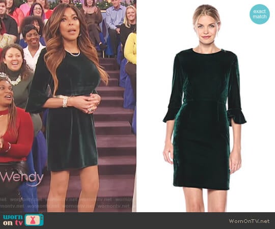 Jean 3/4 Bell Sleeve Velvet Sheath Dress by Donna Morgan worn by Wendy Williams on The Wendy Williams Show