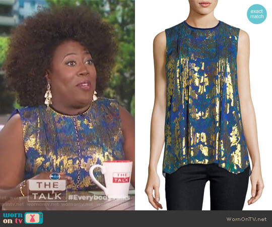 Elle Sleeveless Metallic Floral Blouse by Elie Tahari worn by Sheryl Underwood on The Talk