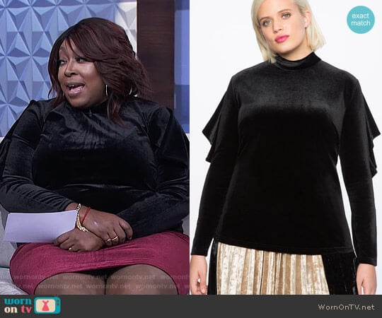 Velvet Ruffle Sleeve Mock Neck Top by Eloquii worn by Loni Love on The Real