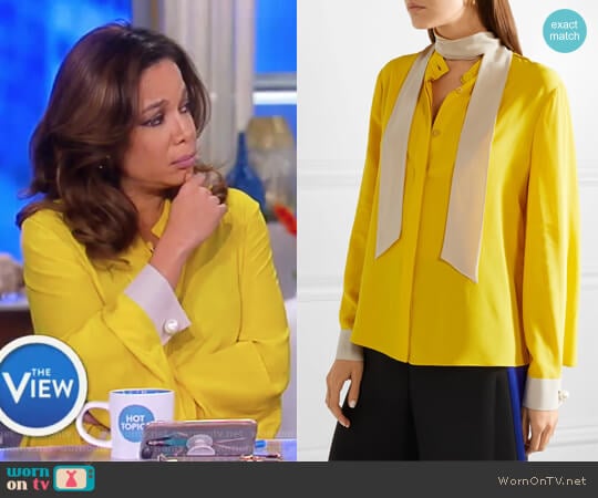 Faux pearl-embellished silk crepe de chine blouse by Fendi worn by Sunny Hostin on The View