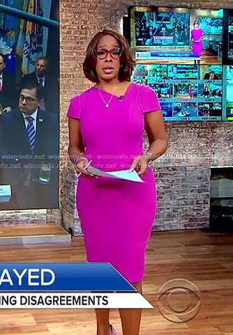 Gayle’s purple asymmetric neck dress on CBS This Morning