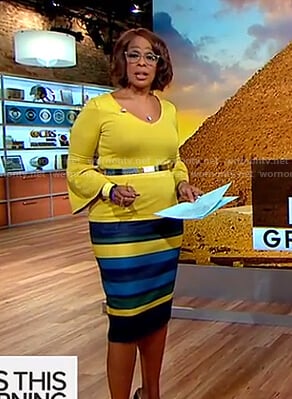 Gayle’s yellow bell sleeve top and striped pencil skirt on CBS This Morning