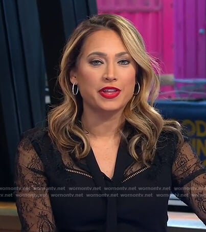 Ginger’s black tie neck lace blouse on Good Morning America