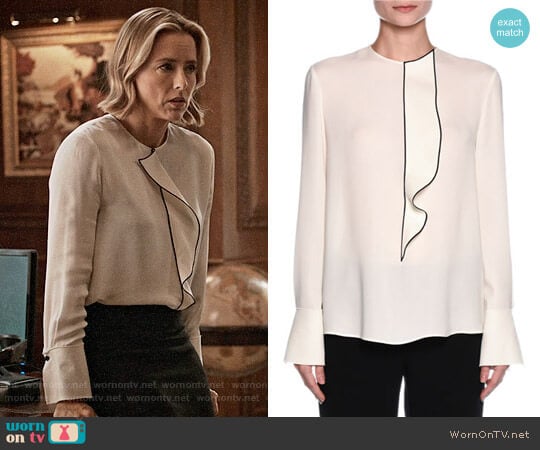 Giorgio Armani Ruffled Button-Back Tuxedo Blouse worn by Elizabeth McCord (Téa Leoni) on Madam Secretary