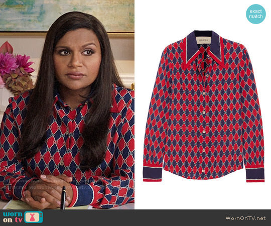 Gucci Rhombus Print Silk Shirt worn by Mindy Lahiri (Mindy Kaling) on The Mindy Project