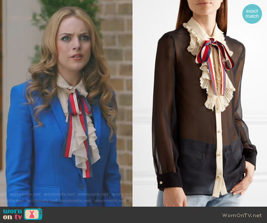 Ruffle Trimmed Silk Georgette Shirt by Gucci worn by Fallon Carrington (Elizabeth Gillies) on Dynasty