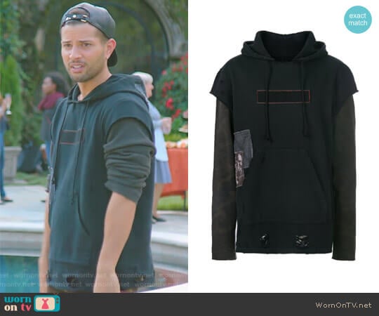 Layered Look Distressed Hoodie by Hudson worn by Sam Flores (Rafael de la Fuente) on Dynasty