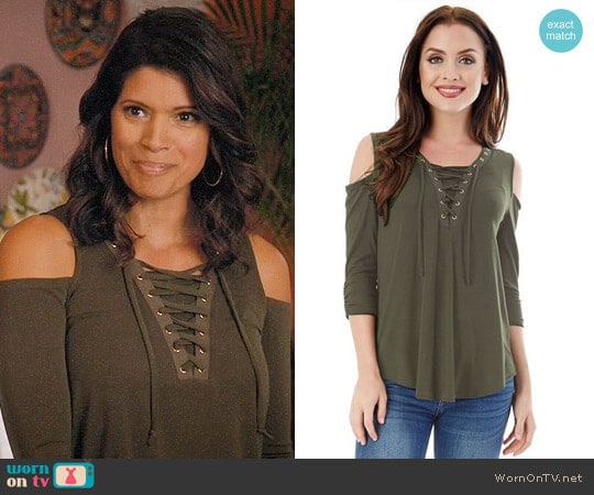  IZ Byer California Lace-Up Cold Shoulder Top worn by Xiomara Villanueva (Andrea Navedo) on Jane the Virgin