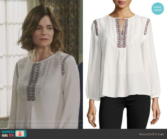 Clema Long-Sleeve Silk Top by Joie worn by Heather Hughes (Betsy Brandt) on Life in Pieces