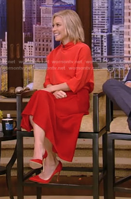 Kelly’s red mock neck top and midi skirt on Live with Kelly and Ryan