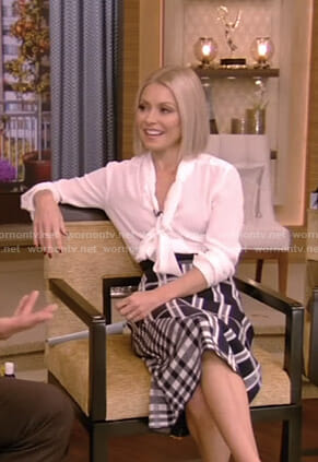 Kelly’s navy mixed check print skirt on Live with Kelly and Ryan