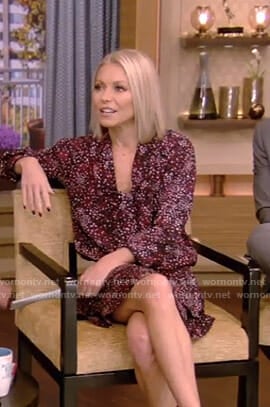 Kelly's purple dotted tie neck dress on Live with Kelly and Ryan