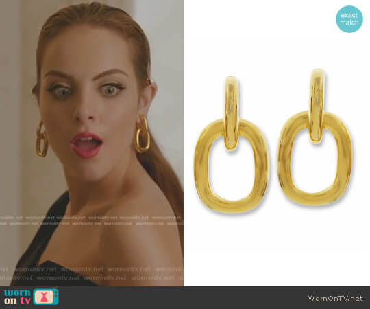 Gold Doorknocker Pierced Earring by Kenneth Jay Lane worn by Fallon Carrington (Elizabeth Gillies) on Dynasty