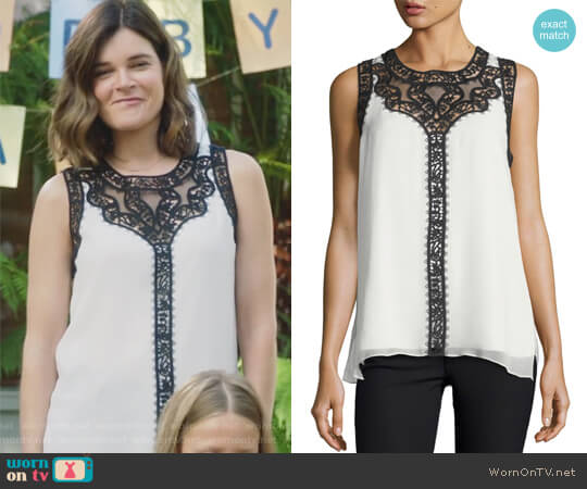 Abagail Sleeveless Lace-Trim Silk Blouse by Kobi Halperin worn by Heather Hughes (Betsy Brandt) on Life in Pieces