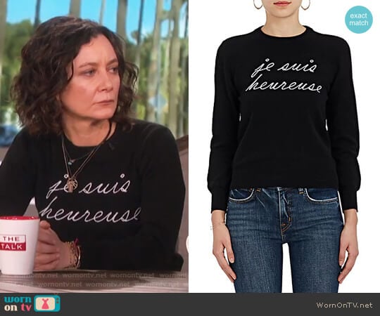 Je Suis Heureuse Cashmere Sweater by Lisa Perry worn by Sara Gilbert on The Talk