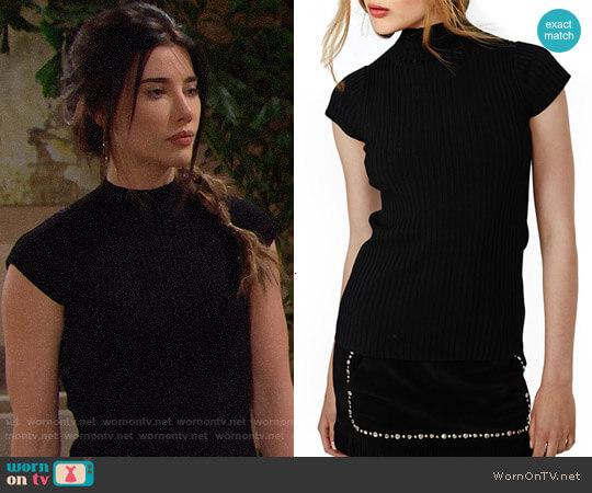 Maje Maestro Ribbed Mock Neck Top worn by Steffy Forrester (Jacqueline MacInnes Wood) on The Bold and the Beautiful