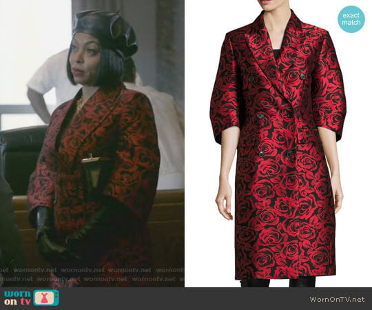 Rose Jacquard Ruched-Sleeve Double-Breasted Coat by Michael Kors worn by Cookie Lyon (Taraji P. Henson) on Empire