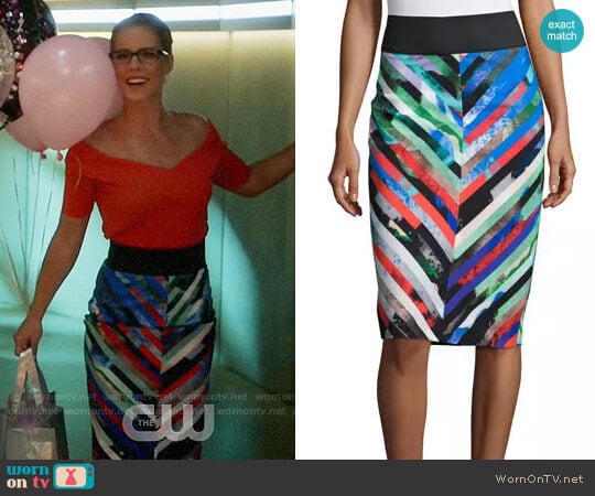 Milly Mirage Stripe Midi Skirt worn by Felicity Smoak (Emily Bett Rickards) on The Flash