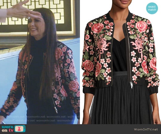 Rose Embroidered Bomber Jacket by Needle & Thread worn by D’Andra Simmons on The Real Housewives of Dallas