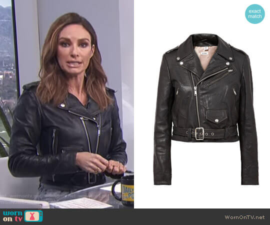 Moto Racer distressed leather biker jacket by Re/Done worn by Catt Sadler on E! News