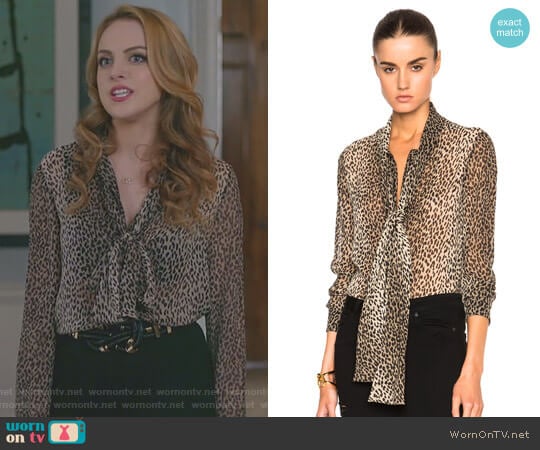 Georgette Babycat Blouse by Saint Laurent worn by Fallon Carrington (Elizabeth Gillies) on Dynasty