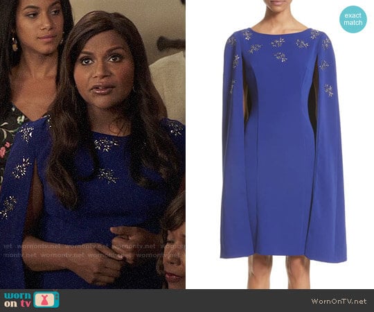 St John Collection Embellished Classic Stretch Cady Cape Dress worn by Mindy Lahiri (Mindy Kaling) on The Mindy Project