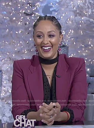 Tamera’s black choker neck top and purple suit on The Real