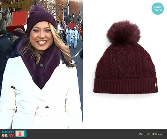 Cable Knit Faux Fur Pompom Beanie by Ted Baker worn by Ginger Zee on Good Morning America