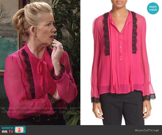 The Kooples Lace Trim Silk Blouse worn by Nikki Reed Newman (Melody Thomas-Scott) on The Young and the Restless