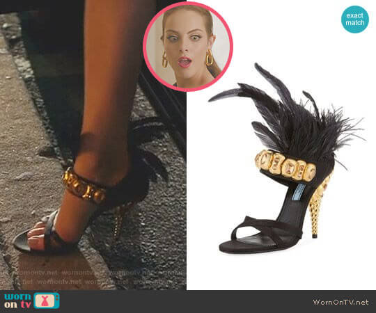 Jeweled Feather-Trim Satin Sandals by Prada worn by Fallon Carrington (Elizabeth Gillies) on Dynasty