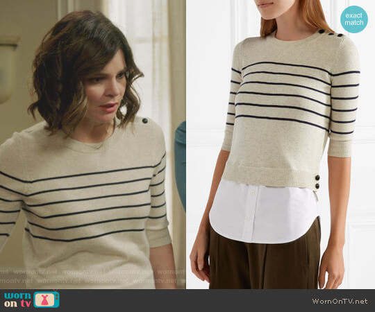 Knot cotton-paneled striped silk and cashmere-blend top by Veronica Beard worn by Heather Hughes (Betsy Brandt) on Life in Pieces