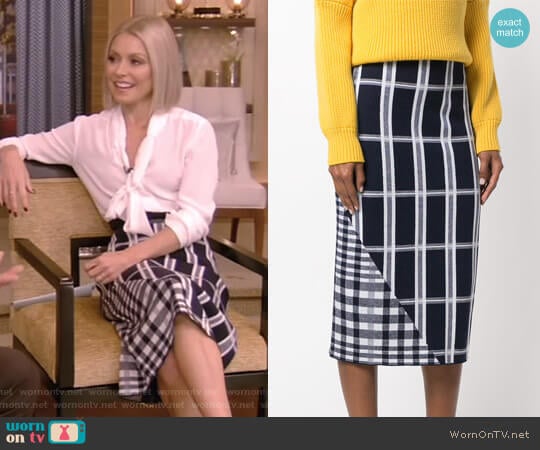 Tartan Signature Skirt by Victoria Beckham worn by Kelly Ripa on Live with Kelly and Mark