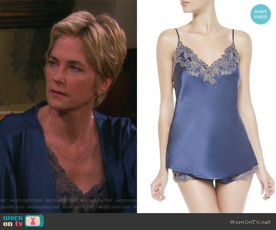 Maison Blue Silk Satin Top by La Perla worn by Eve Donovan (Kassie DePaiva) on Days of our Lives