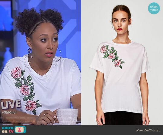 T-Shirt with Sequined Floral Motif by Zara worn by Tamera Mowry on The Real