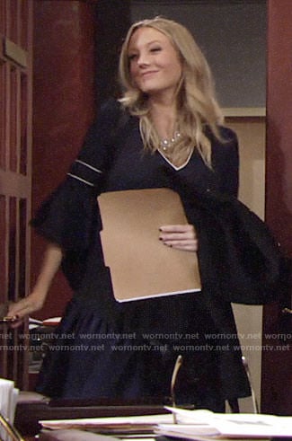 Abby's navy bell sleeve dress on The Young and the Restless