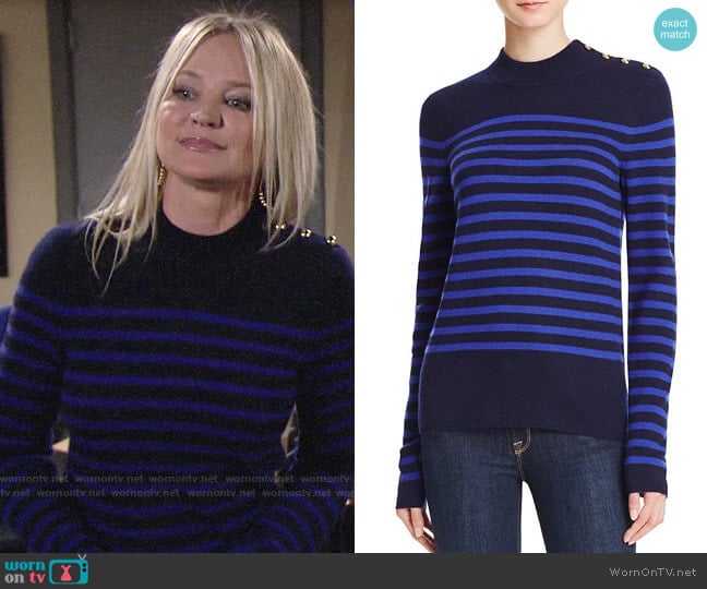 Aqua Stripe Mock Neck Cashmere Sweater worn by Sharon Newman (Sharon Case) on The Young and the Restless