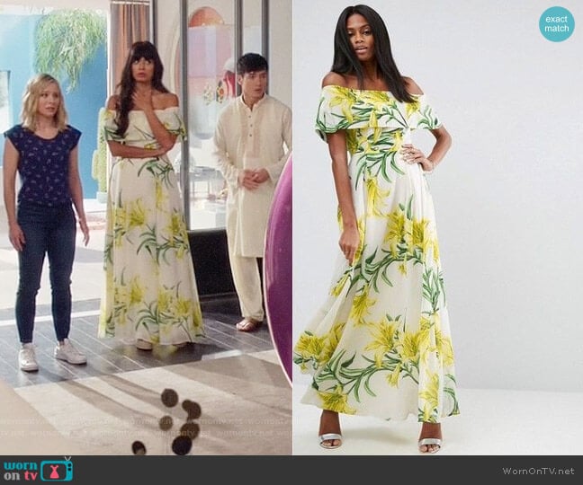 ASOS Floral Bardot Maxi Dress worn by Tahani Al-Jamil (Jameela Jamil) on The Good Place