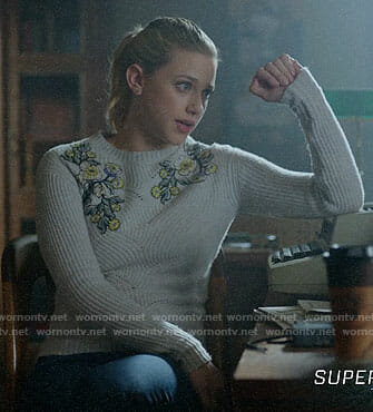 Betty's grey sweater with floral embroidery on Riverdale