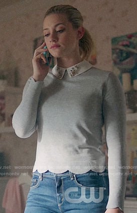 Betty’s grey scalloped sweater with embellished collar on Riverdale