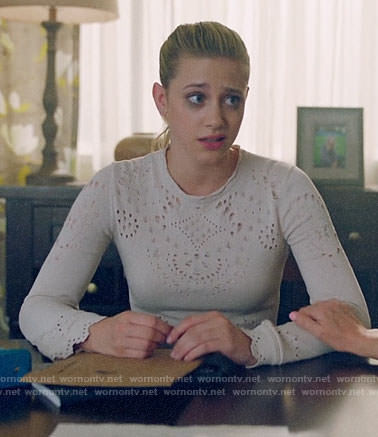 Betty's off-white eyelet sweater with buttoned back on Riverdale