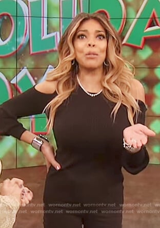 Wendy's black cold shoulder sweater on The Wendy Williams Show