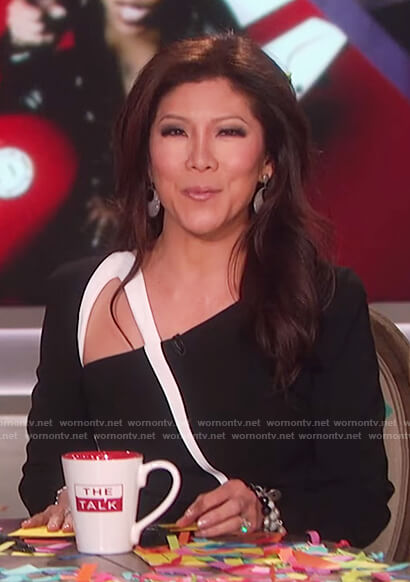 Julie’s black and white asymmetric neckline dress on The Talk